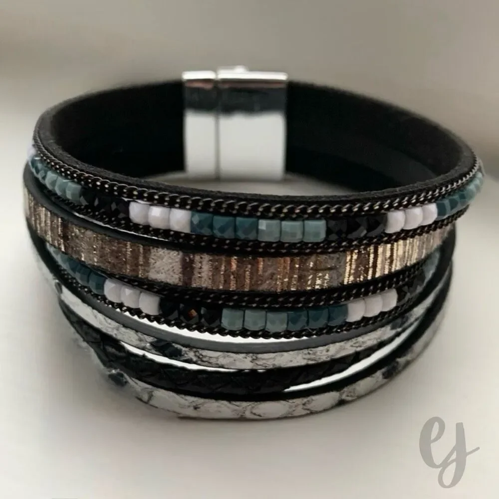 Black & White Multi-Strand Beaded Magnetic Clasp Cuff Bracelet